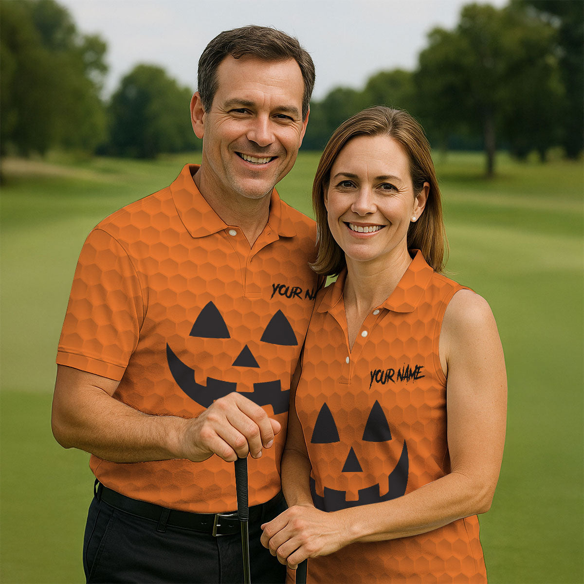 Halloween Pumpkin Face Custom Name Fun Women's Golf Shirts, Ladies Golf Tops, Golf Gifts For Women