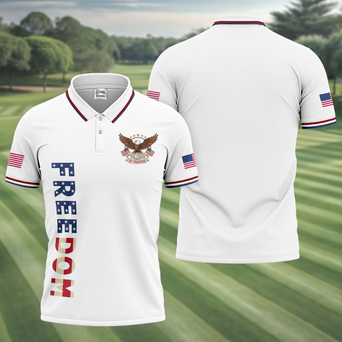 250 Years Of Freedom US Flag Logo White Golf Shirt, Patriotic 4th Of July Golf Shirts For Men
