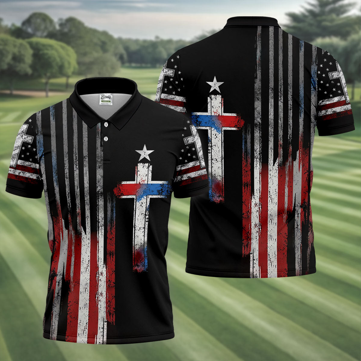 Faith Cross US Flag Golf Shirt, 250 Years Retro Golf Shirt, Patriotic 4th Of July Polo Shirt Men
