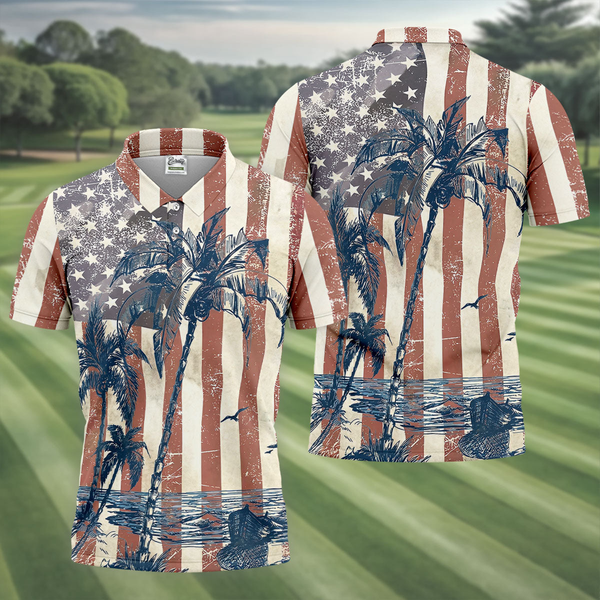 Hawaiian Theme Distressed US Flag Patriotic Golf Shirt, 250 Years 4th Of July Golf Shirts For Men