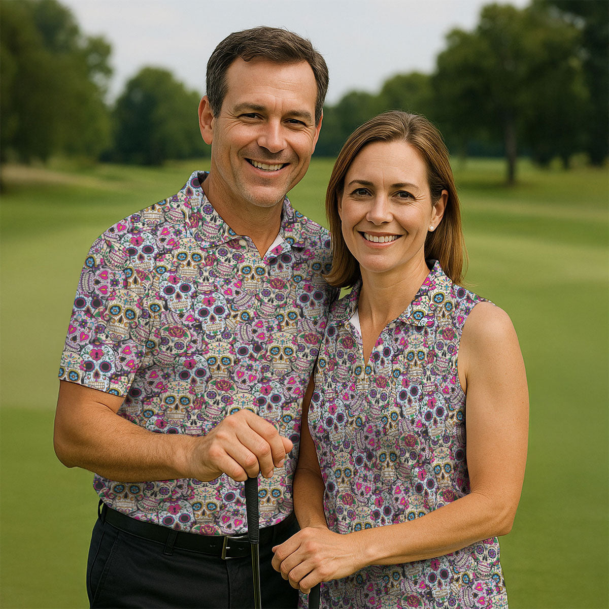 Colorful Sugar Skull Floral Golf Polo Shirt, Hawaiian Golf Shirt, Golf Polo Shirts For Men