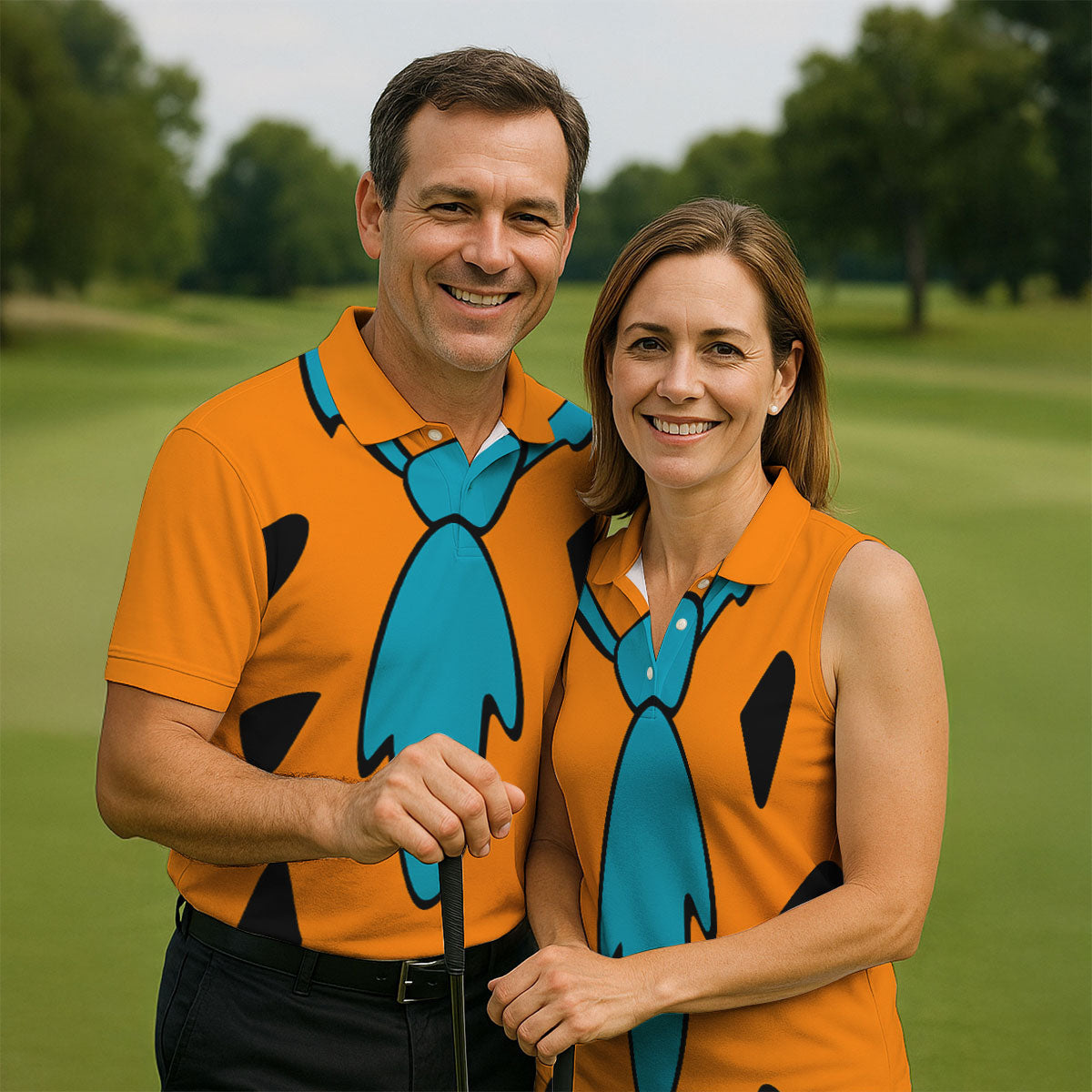 Orange Blue Stone Age Hawaiian Golf Shirt, Mens Golf Apparel, Golf Polo Shirts For Men