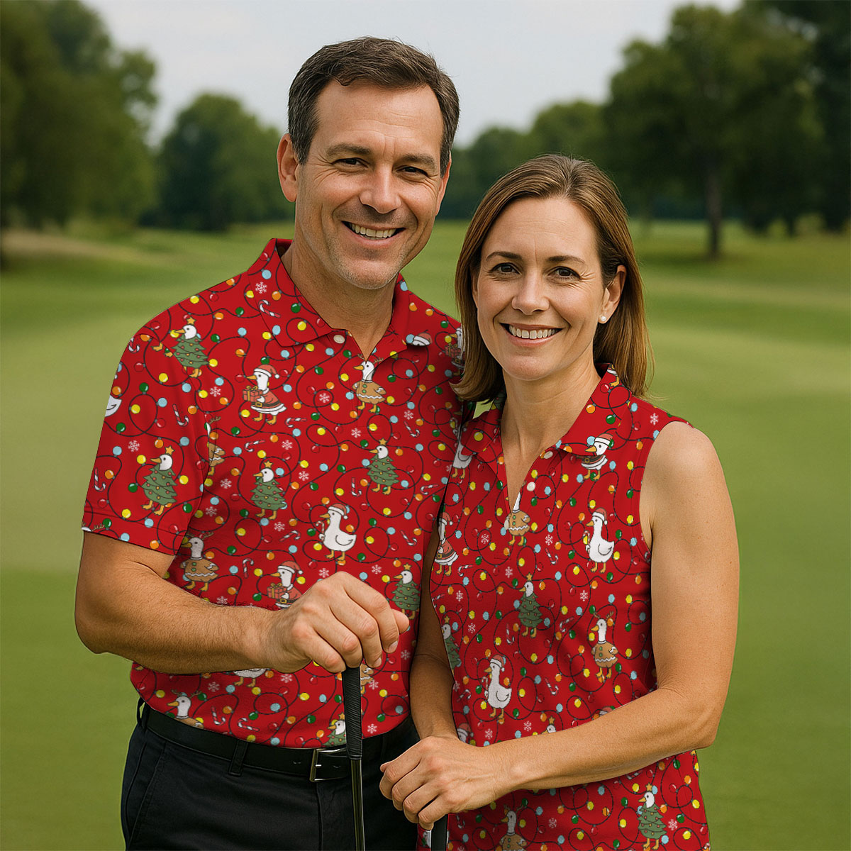 Funny Duck Merry Xmas Red Golf Shirts, Gifts For Golf Lovers, Polo ShirtFor Men, Golfing Apparel