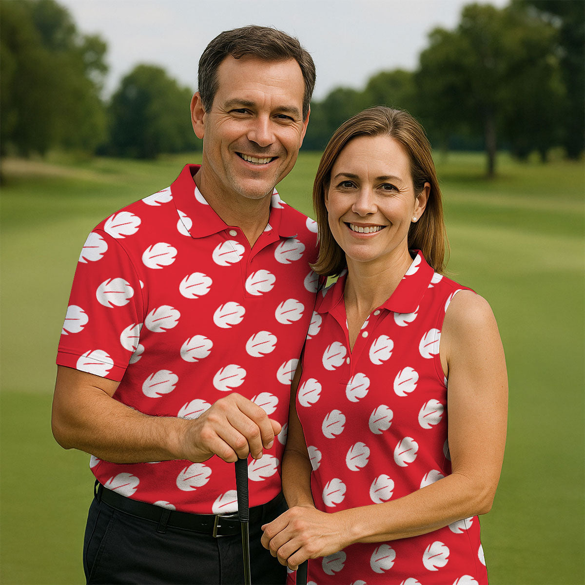 Red Tropical Leaf Hawaiian Golf Shirt, Mens Golf Polo, Golf Shirts For Men