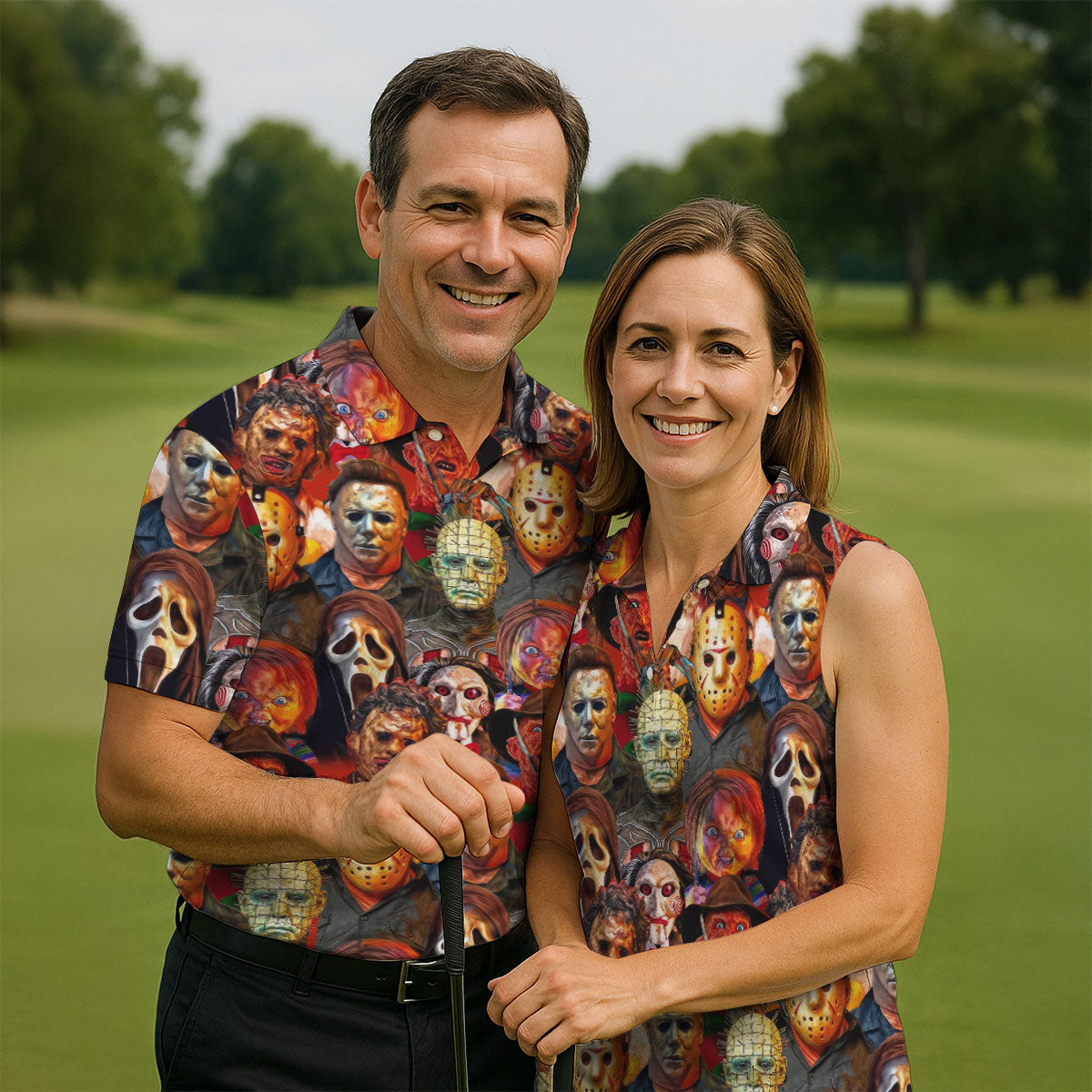 Horror Movie Characters Golf Tops For Men, Halloween Golf Shirt, Unique Gift For Golfer, Polo ShirtFor Men