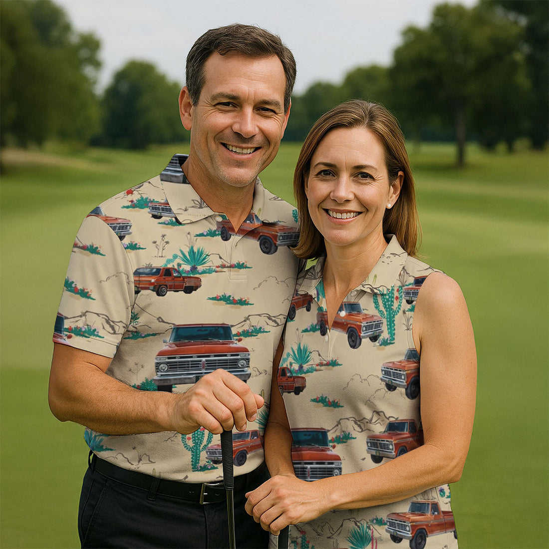 Personalized Pickup Truck Golf Shirt, Southwestern Desert Cactus Pattern, Golf Shirt For Men