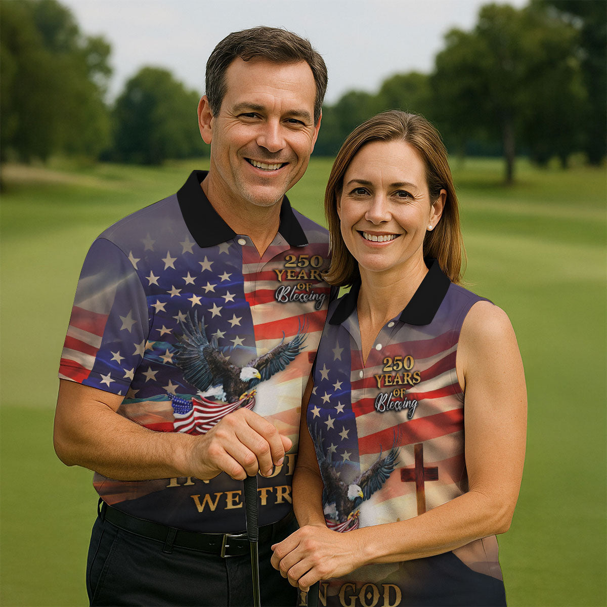 250 Years Of Blessing In God We Trust Faith Cross Patriotic 4th Of July Golf Shirts For Men