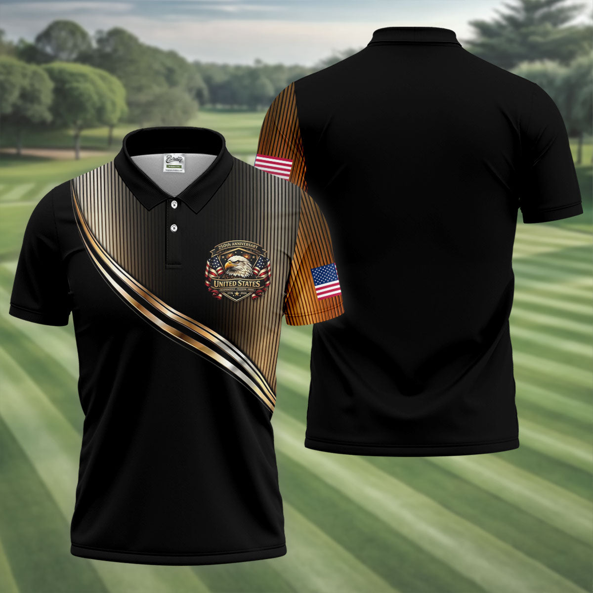 250th Anniversary Metallic Looking Patriotic Golf Shirt, 4th Of July Golf Shirts For Men