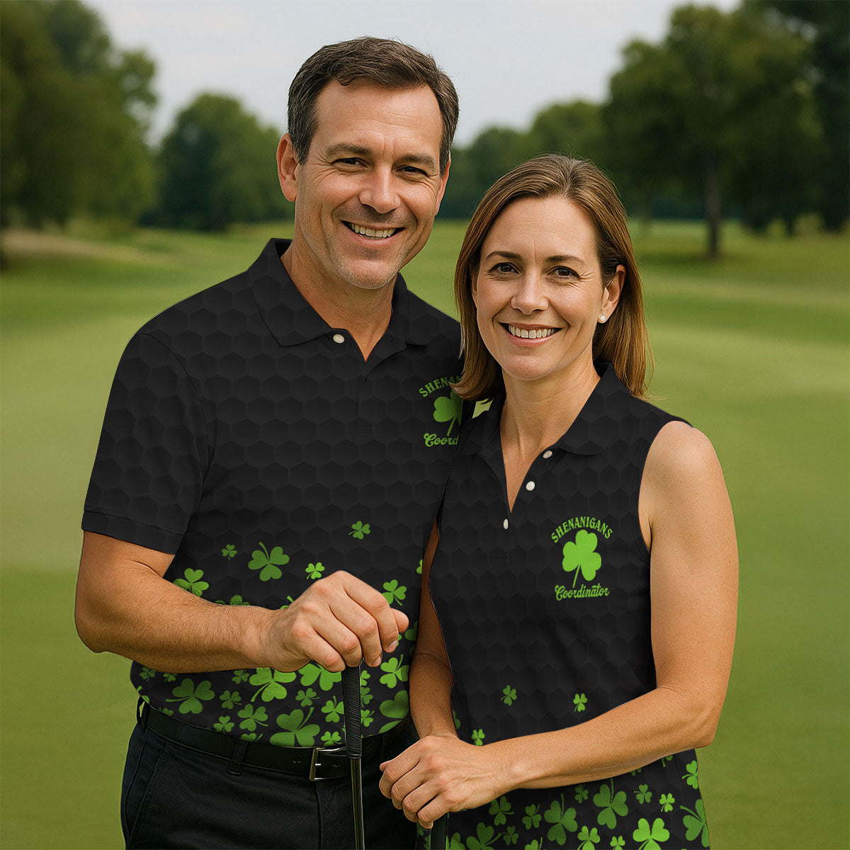 Shenanigans Coordinator Golf Ball Pattern St Patrick Day Black Golf Shirt, Women's Golf Tops, Ladies Golf Polos