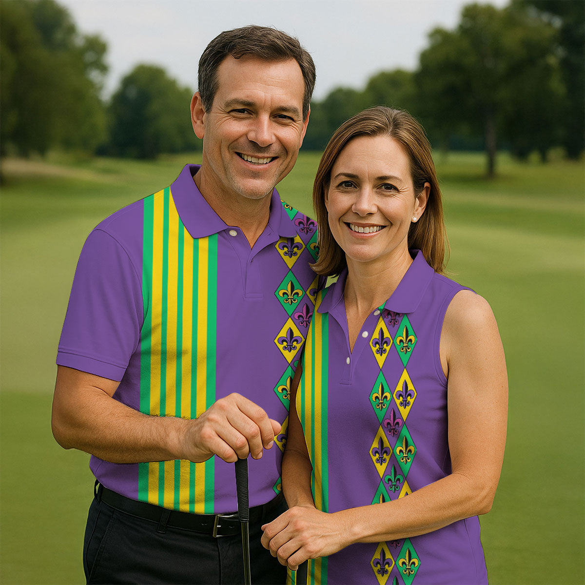 Fleur De Lis Argyle Pattern Purple Green Gold Stripes Golf Tops For Men, Polo ShirtFor Men, Golf Shirts For Men