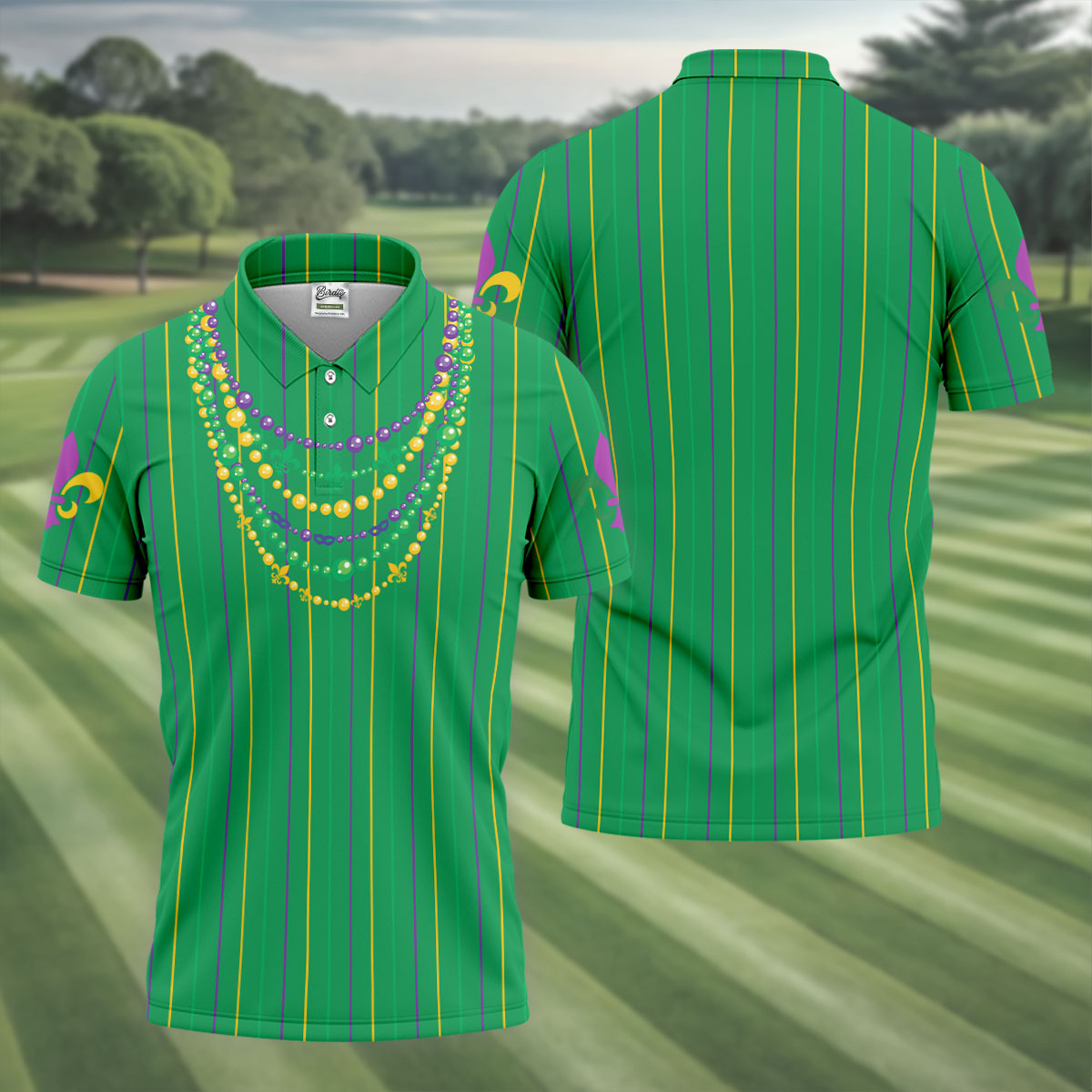 Mardi Gras Beads Necklaces Print Green Golf Shirt, Golf Tops For Men, Polo ShirtFor Men, Golf Shirts For Men