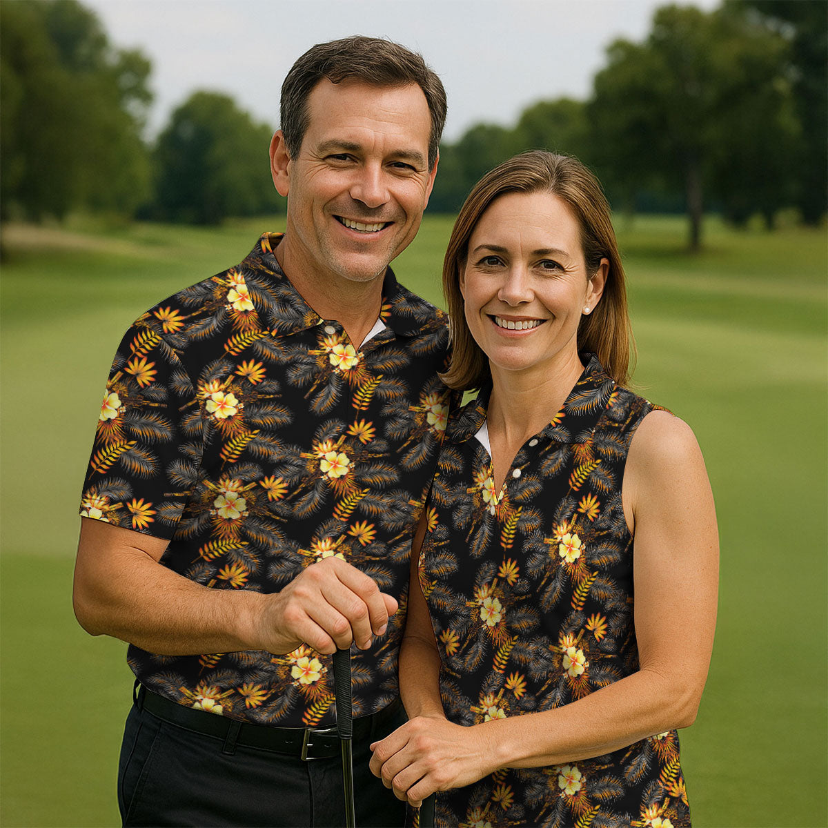 Yellow Hibiscus Flower Black Hawaiian Golf Shirt, Tropical Vibe Golf Shirt For Women