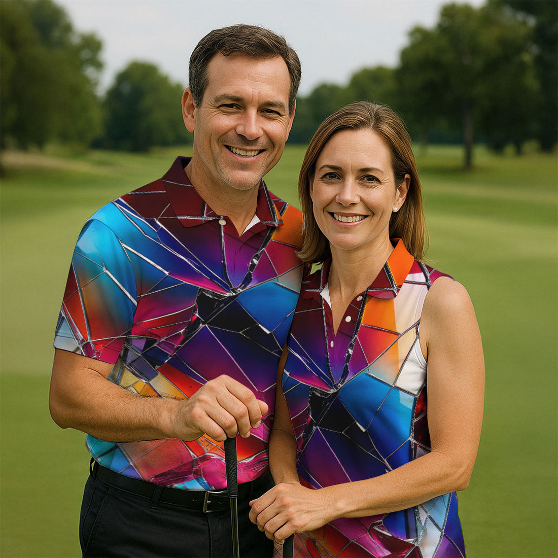 Colorful Broken Glass Abstract Golf Polo Shirt, Golf Shirts For Men, Printed Golf Shirts