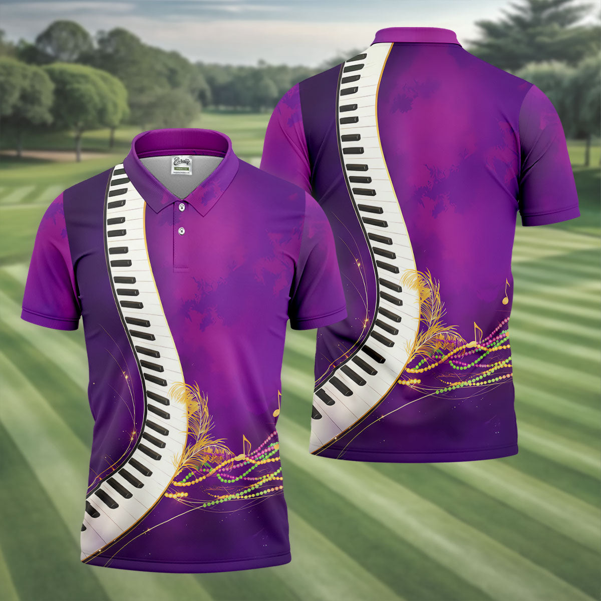 Mardi Gras Feather Beads Piano Keyboard Print Purple Golf Shirt, Polo ShirtFor Men, Golf Shirts For Men