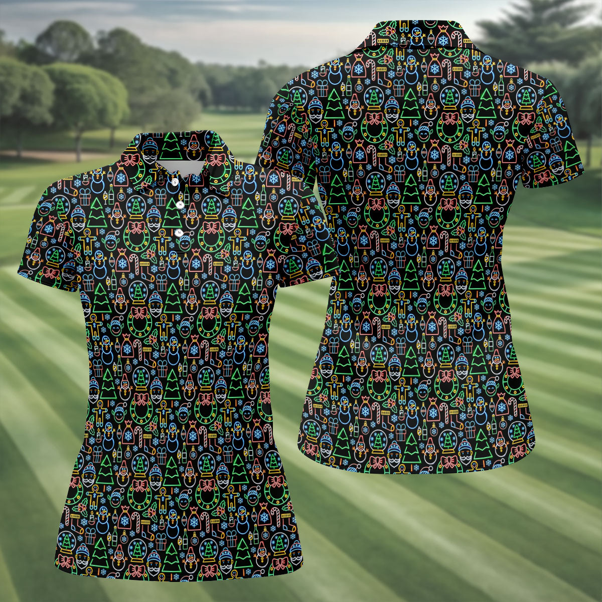 Neon Christmas Retro Style Women's Golf Tops, Christmas Golf Shirt, Ladies Golf Polos, Golf Gift For Ladies