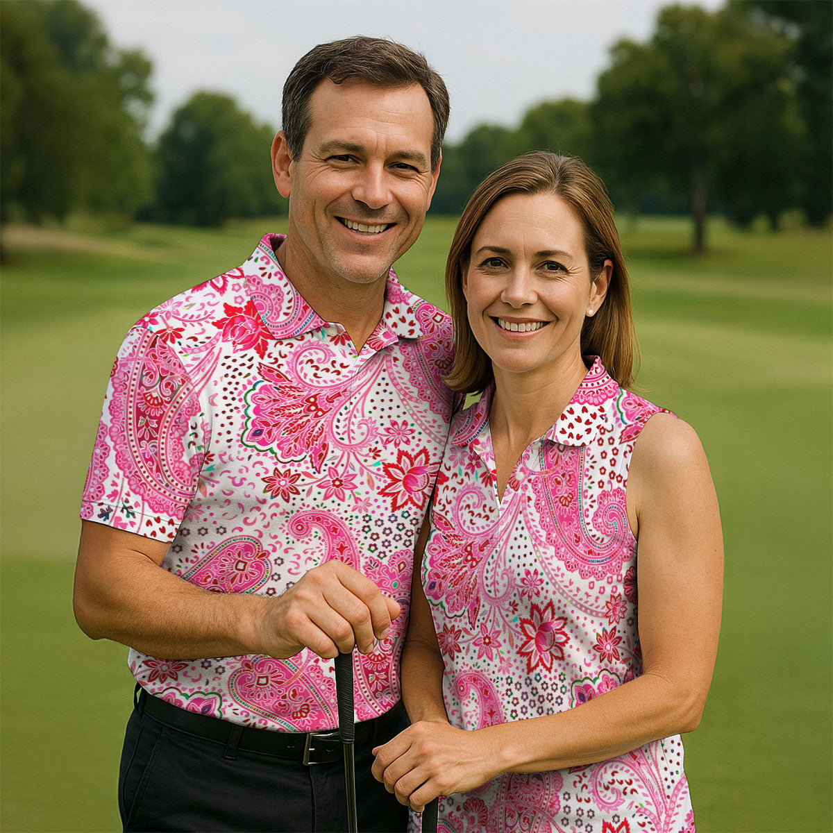 Pink Paisley Floral Pattern Golf Shirt, Mens Golf Shirts, Hawaiian Golf Shirt, Golf Apparel For Men