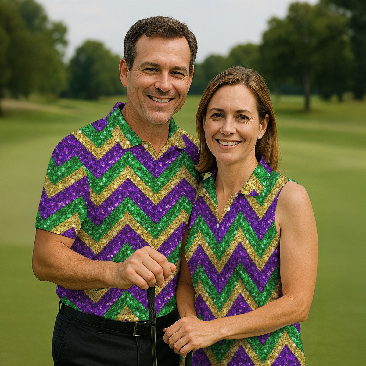 Mardi Gras Purple Gold Green Zigzag Pattern Glitter Print Golf Tops For Men, Polo ShirtFor Men, Golf Shirts For Men