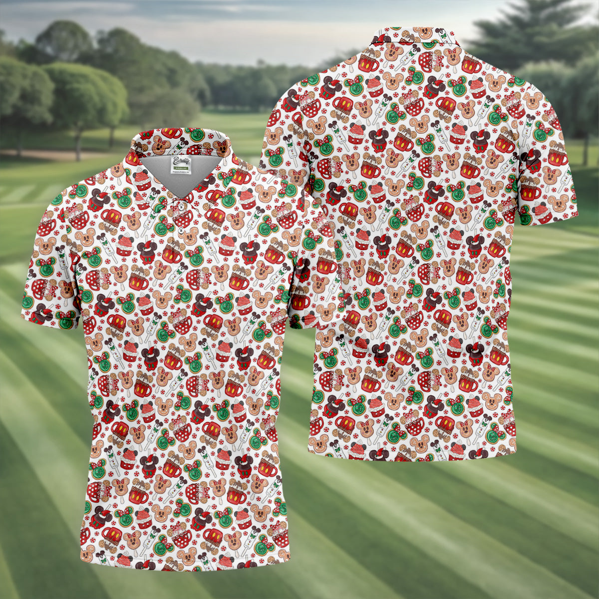 Cute Christmas Dessert Pattern Golf Tops For Men, Cartoon Character Polo Shirtor Men, Christmas Golf Shirt