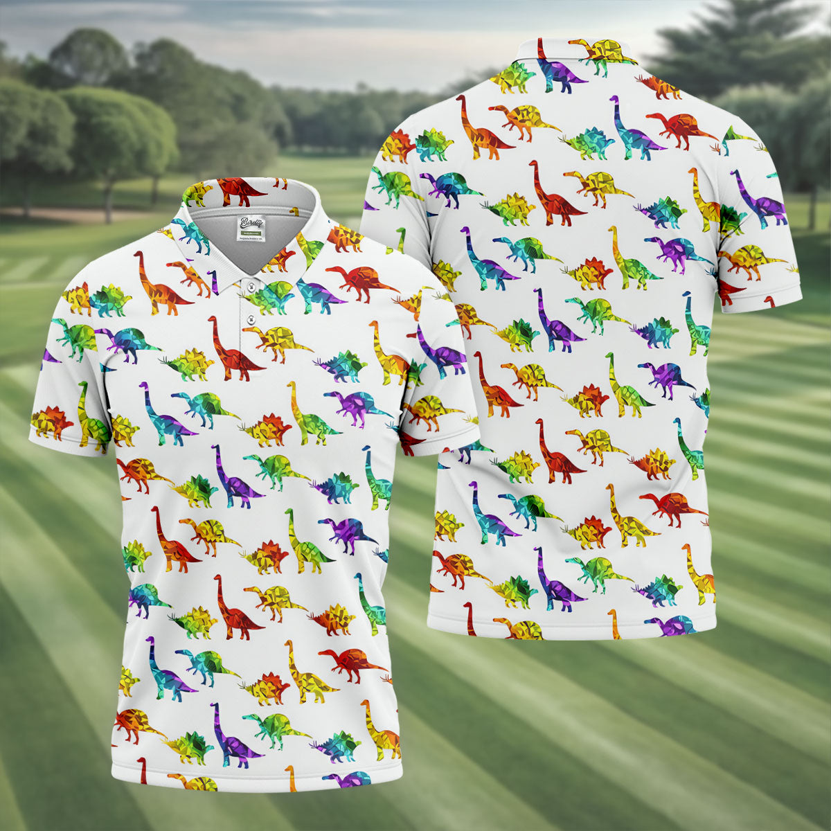 Colorful Dinosaur White Golf Shirt, Golf Tops For Men, Golf Shirts For Men, Polo ShirtFor Men
