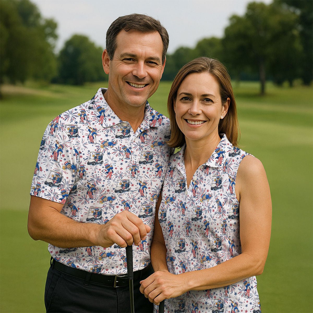 Patriotic Theme Golf And Beer Funny 4th Of July Golf Shirt, 250 Years Seamless Pattern Golf Shirts For Men