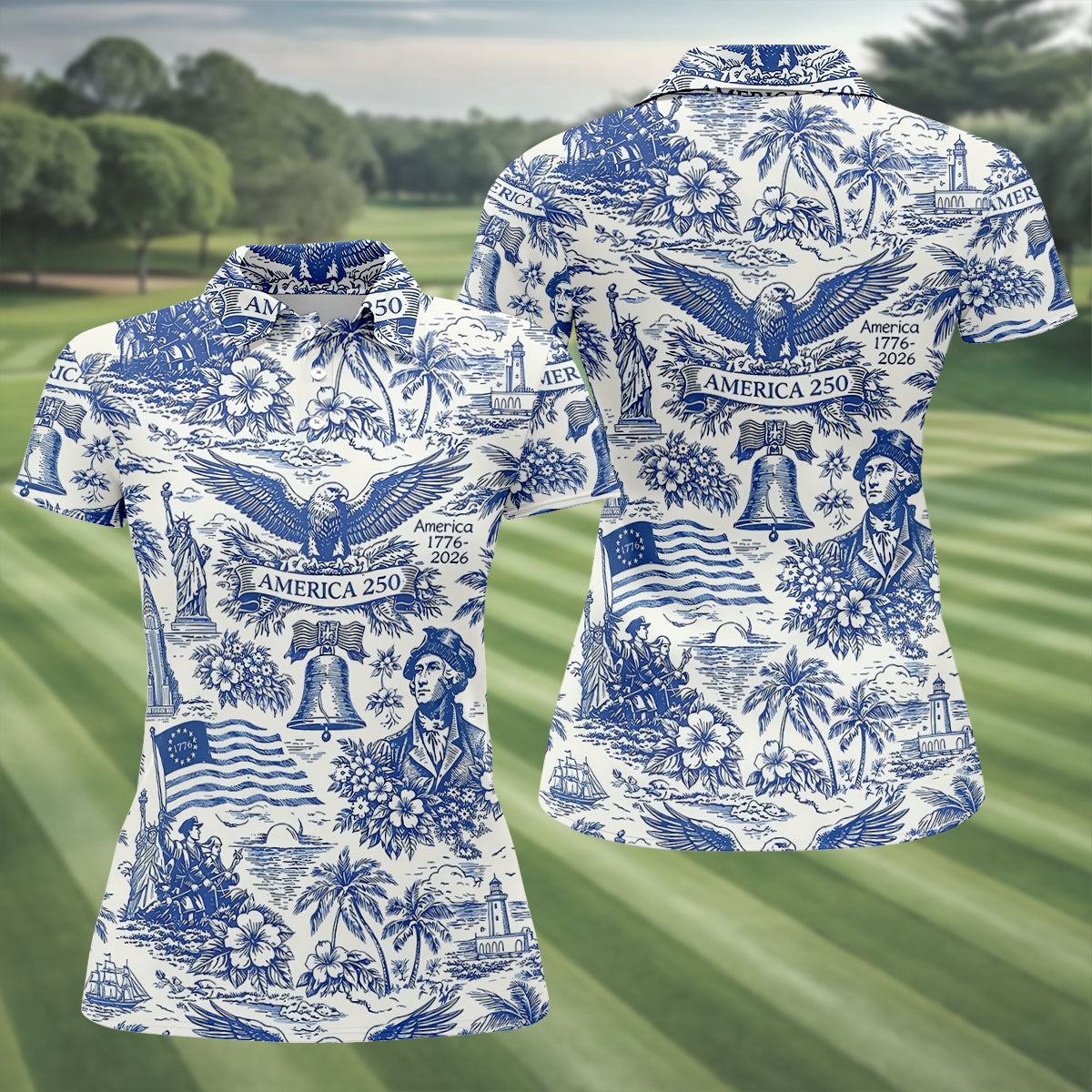 250th Anniversary Toile De Jouy American Symbols Vintage Golf Shirt, Patriotic 4th Of July Golf Shirt For Women