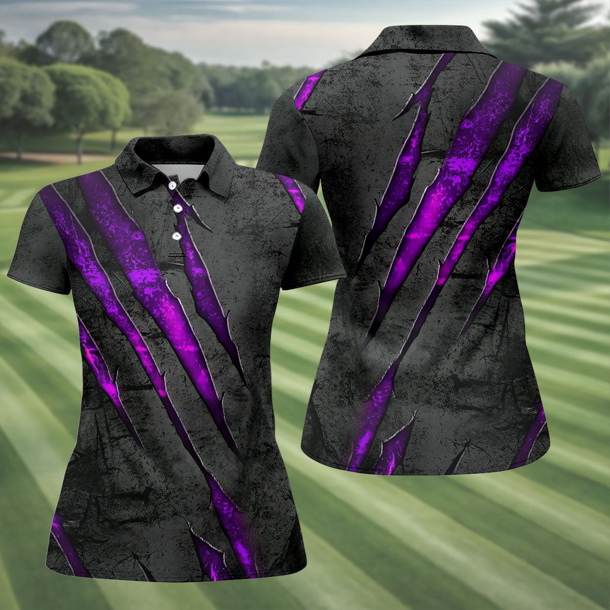 Purple Claw Marks Hawaiian Golf Shirt, Scratch Print Women's Golf Tops, Ladies Golf Shirts