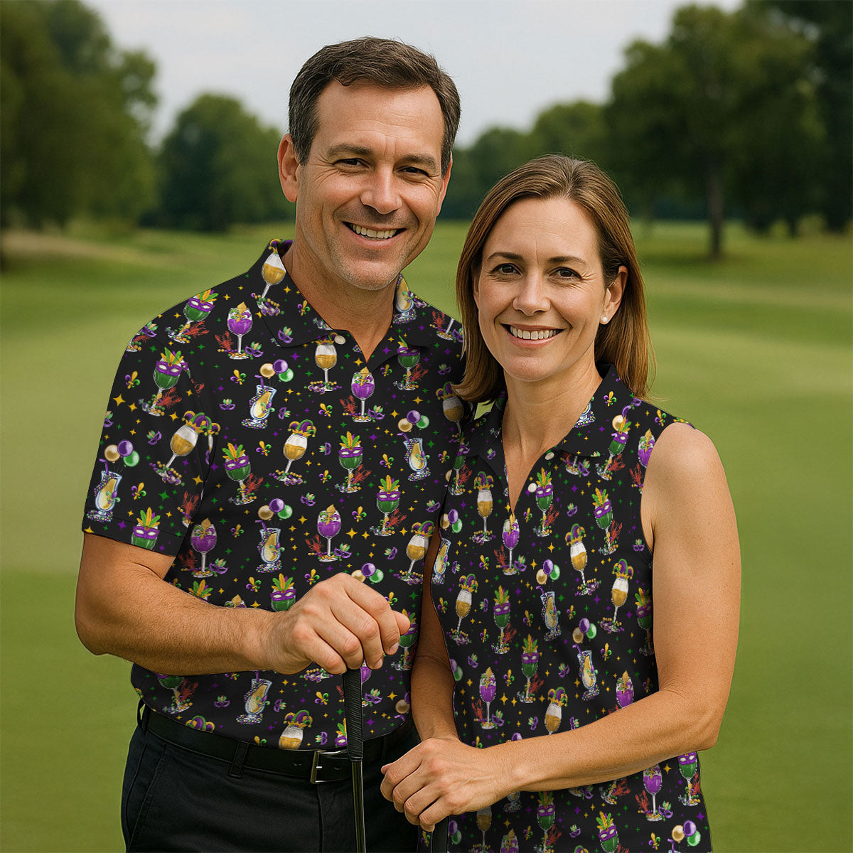 Mardi Gras Wine Glass Beaded Garland Fleur De Lis Black Golf Shirt, Women's Golf Tops, Ladies Golf Polos