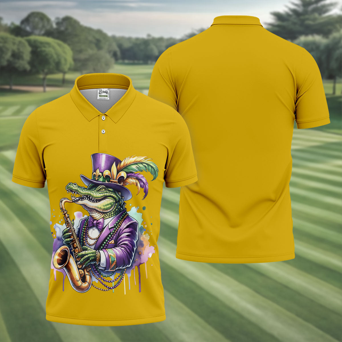 Mardi Gras Alligator Playing Saxophone Yellow Golf Shirt, Golf Shirts For Men, Polo ShirtFor Men