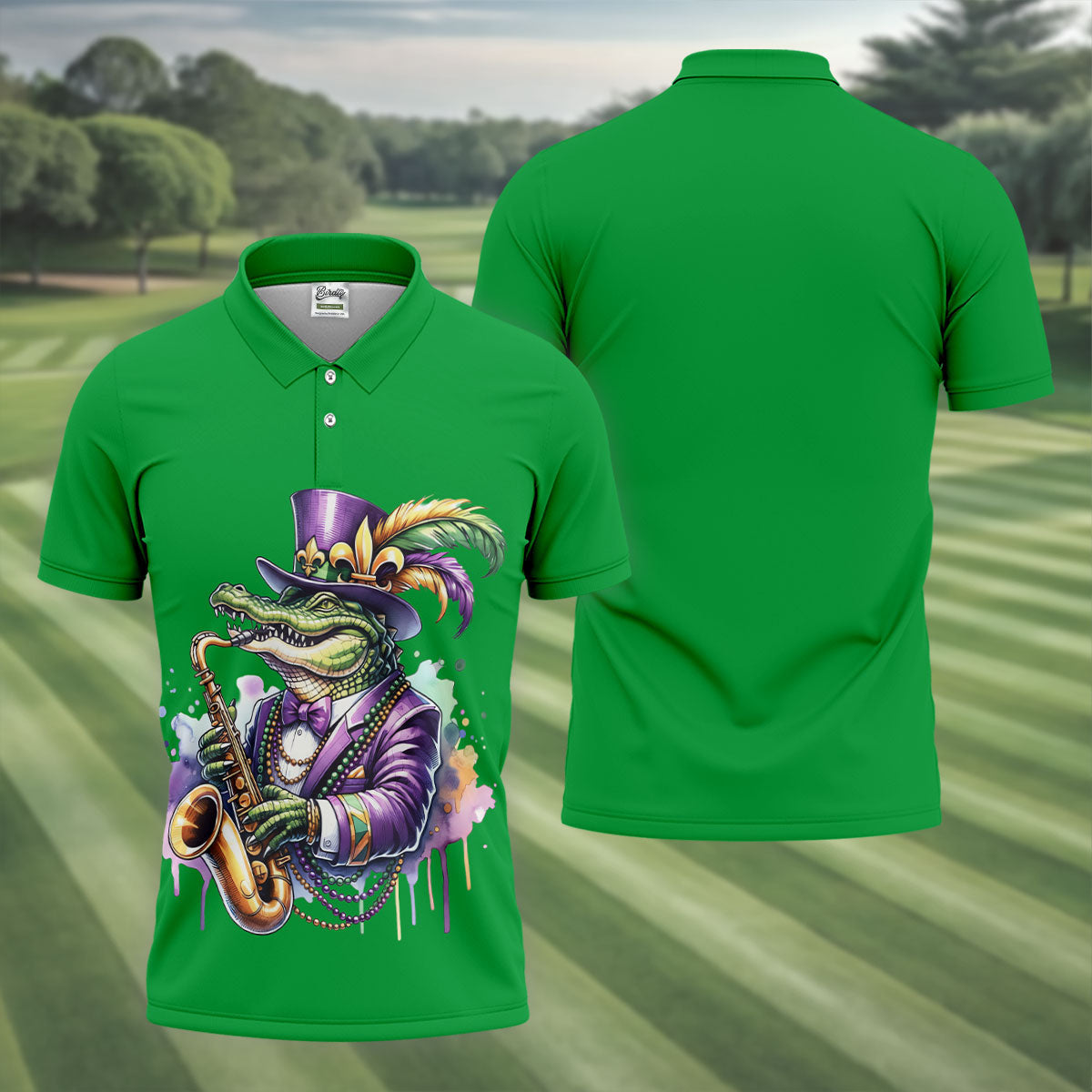 Mardi Gras Alligator Playing Saxophone Green Golf Shirt, Golf Shirts For Men, Polo ShirtFor Men