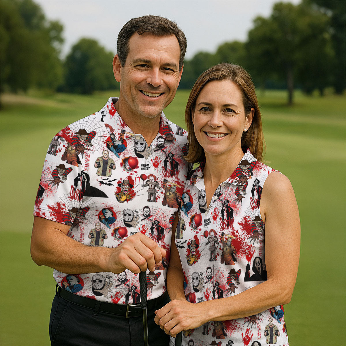 Horror Villain Blood Splatter Print Golf Tops For Men, Halloween Golf Shirt, Polo ShirtFor Men, Golfing Apparel