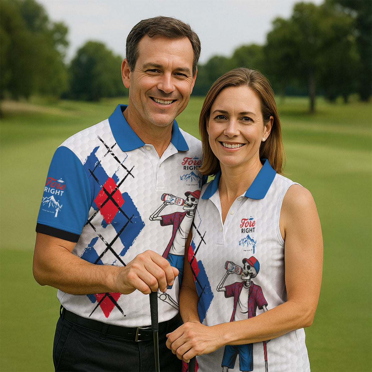 Fore Right Funny Skeleton Golf And Beer Red White Men's Funny Golf Shirts, Polo ShirtFor Men