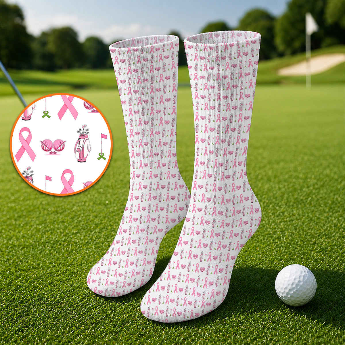 Breast Cancer Pattern Golf Socks, Pink Ribbon Golf Sock for Golf Lovers, Support Breast Cancer Awareness Gift