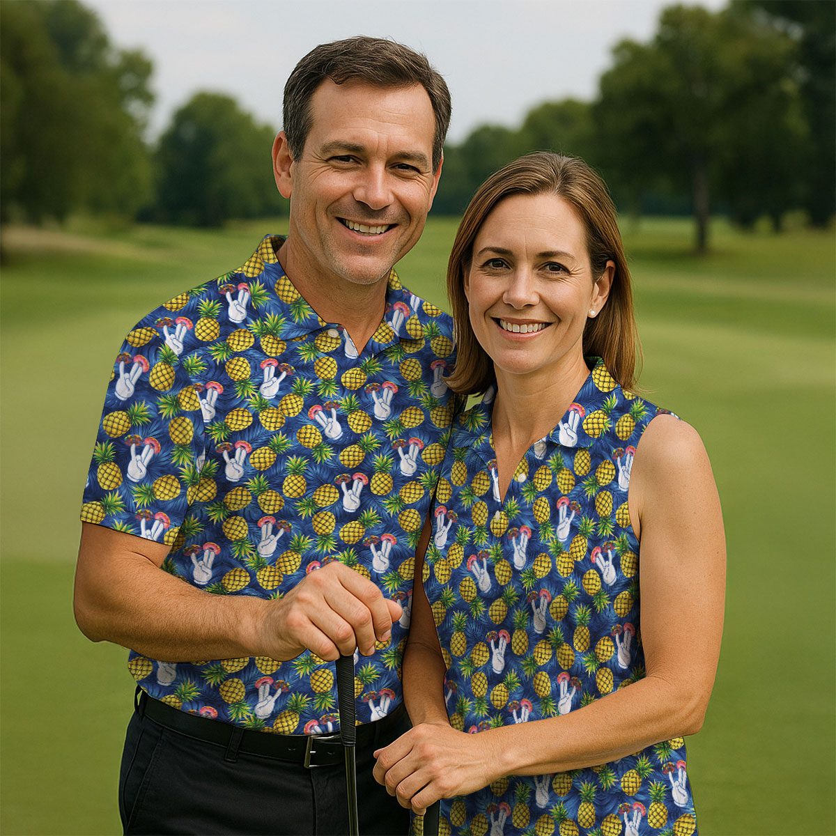 Hawaiian Pineapples Donut Finger Blue Green Yellow Fun Women's Golf Shirts, Women's Golf Tops, Ladies Golf Shirts