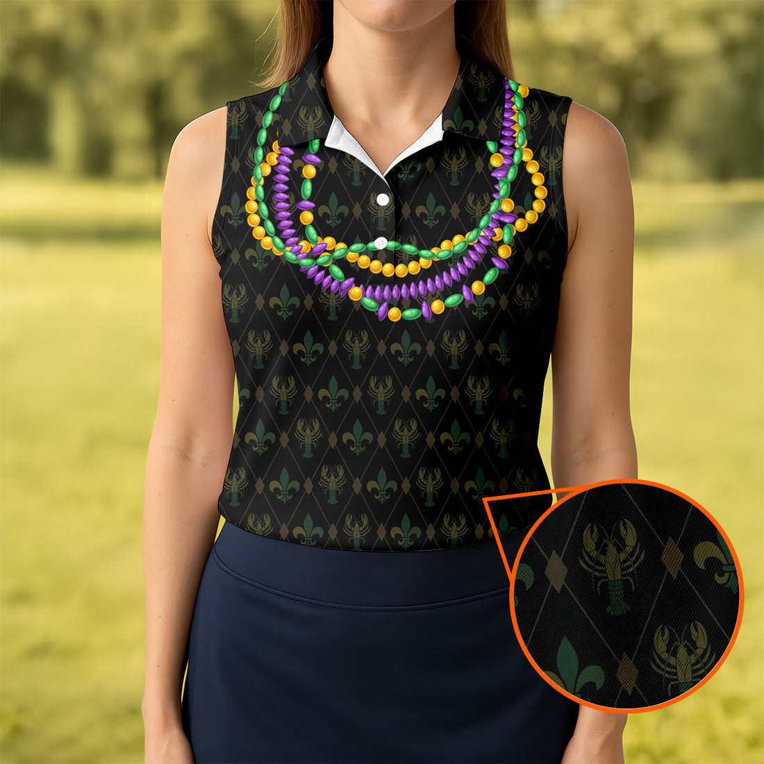 Mardi Gras Beads Chain Crawfish Fleur De Lis Black Golf Shirt, Women's Golf Tops, Ladies Golf Polos