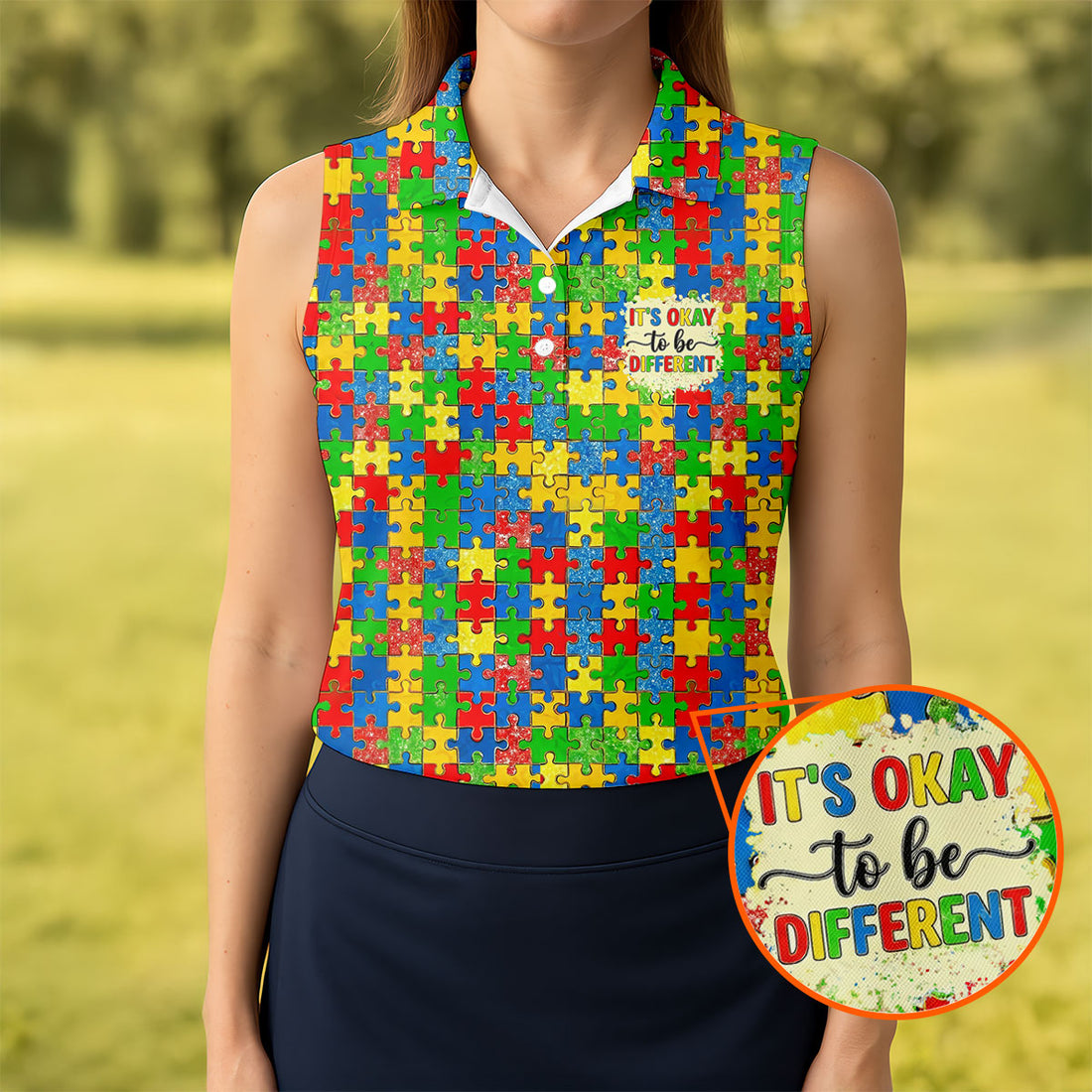 It's Okay To Be Different Colorful Puzzle Pattern Autism Awareness Golf Shirt For Women, Ladies Golf Polos
