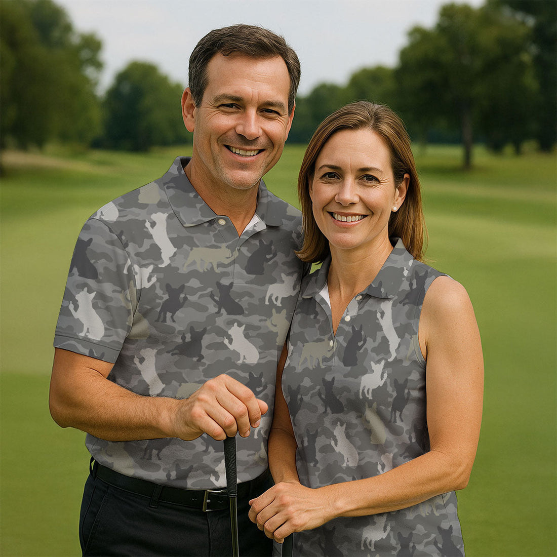 Grey Camo French Bulldog Pattern Golf Shirt, Mens Polo Shirt, Golf Shirts For Men, Performance Golf Shirt