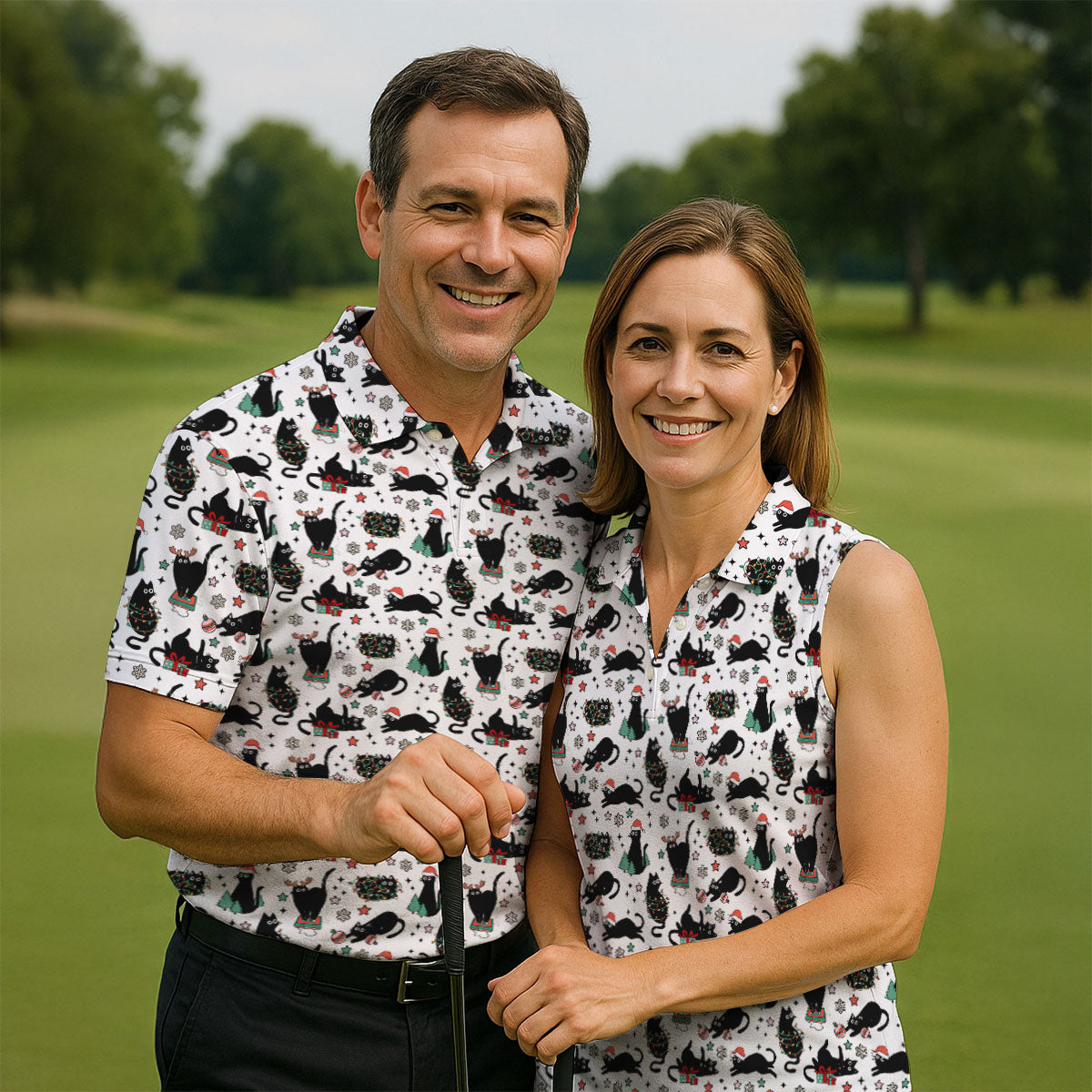 Xmas Black Cat Polo Shirtor Men, Christmas Golf Shirt, Golf Gift For Men, Christmas Golf Shirt