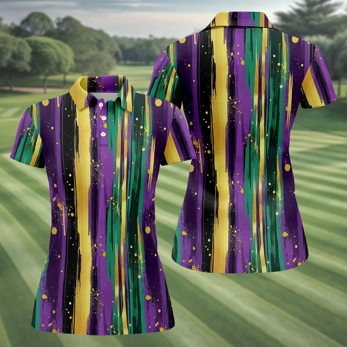 Green Purple Gold Splatter Effect Mardi Gras Golf Shirt, Women's Golf Tops, Ladies Golf Polos