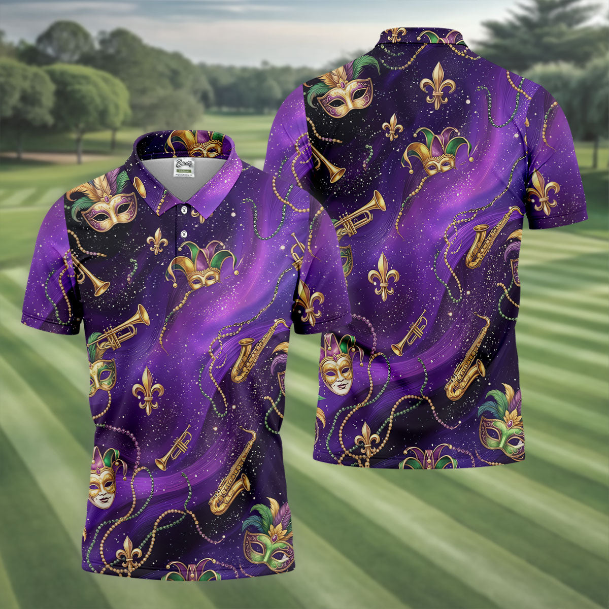 Golden Fleur De Lis Trumpet And Saxophone Mardi Gras Masquerade Mask Purple Golf Shirt, Golf Shirts For Men