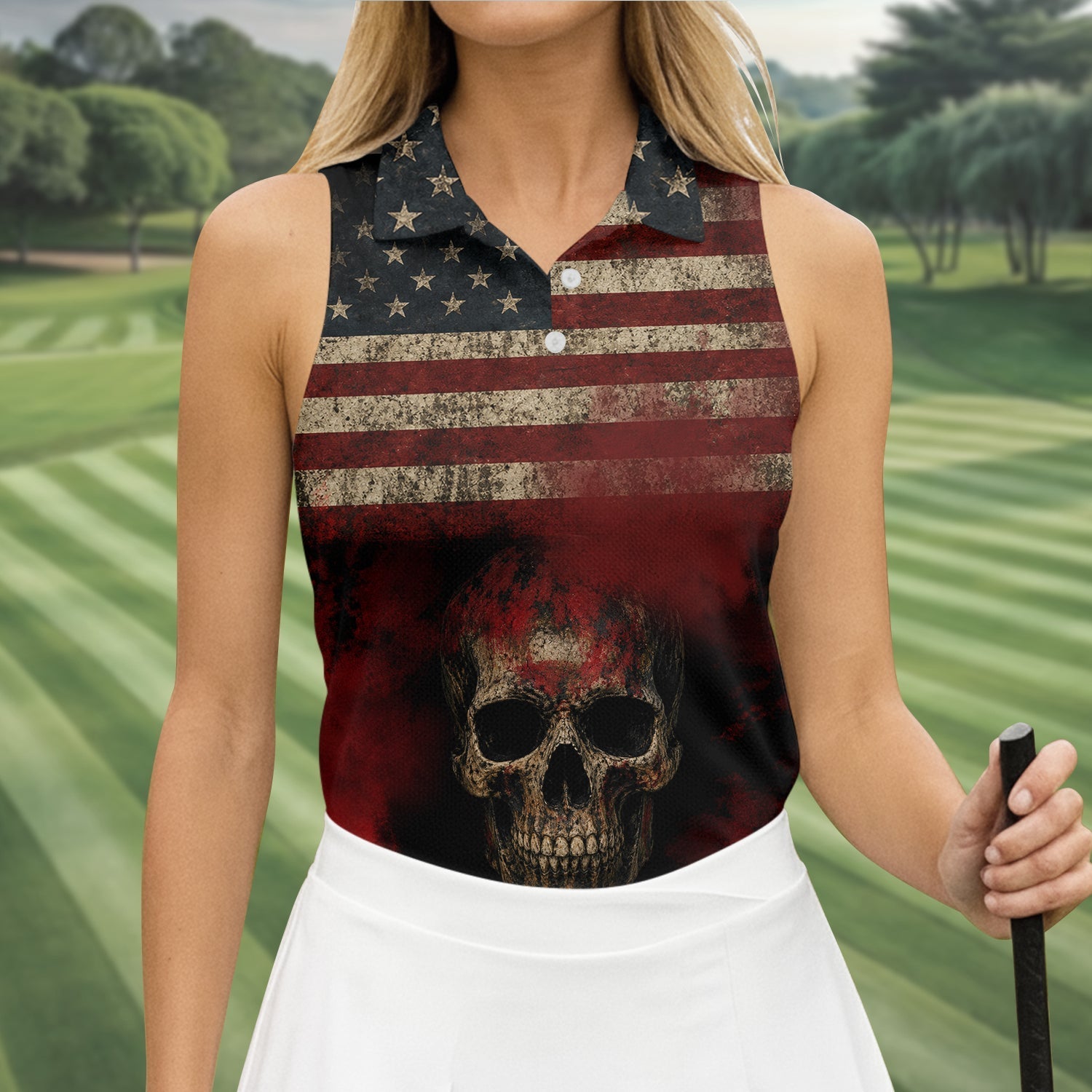 Cool Skull Faith Cross Distressed US Flag 4th Of July Golf Shirt, 250 Years Golf Shirt For Women