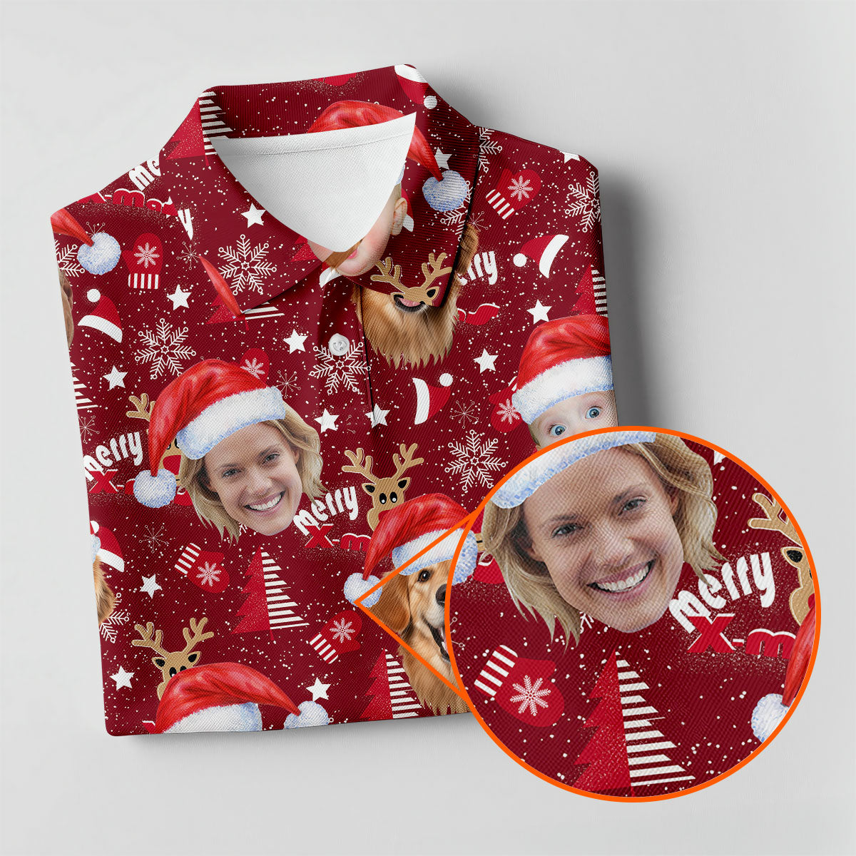Custom Face Red Nose Reindeer Merry Xmas Red Golf Shirt, Christmas Golf Shirt, Women's Golf Tops