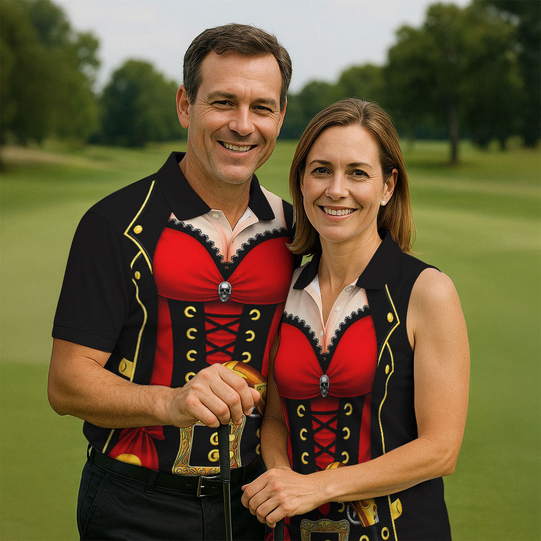 Red Corset Pirate Costume Skull Belt Golf Shirt, Mens Golf Polo, Golf Apparel For Men, Printed Golf Shirts