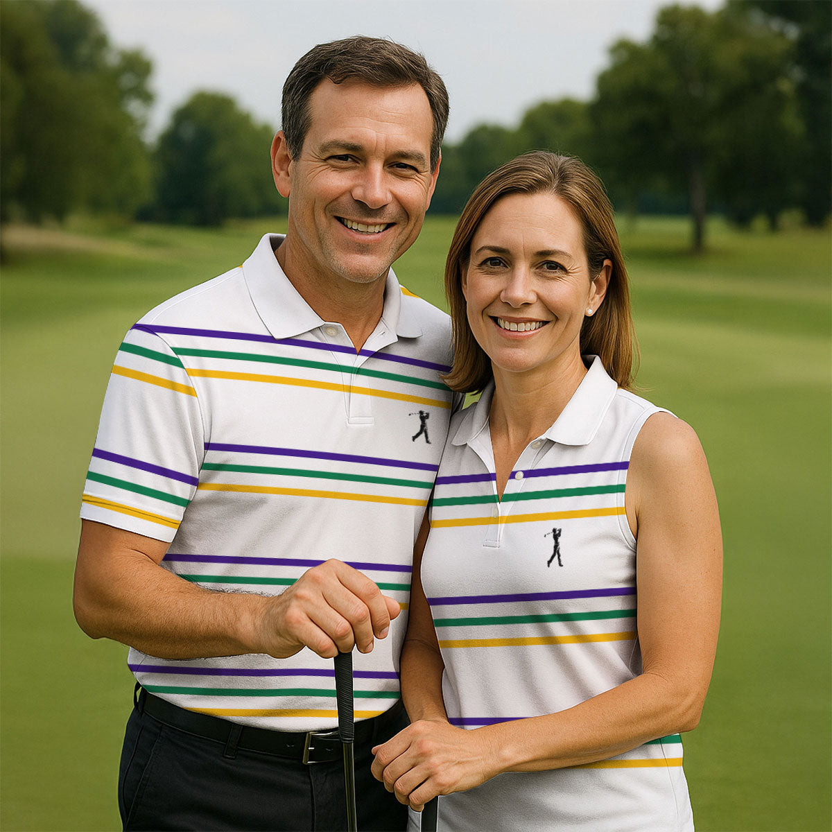 Mardi Gras Purple Green Gold Stripe Pattern Women White Golf Shirt, Ladies Golf Polos, Golf Shirt For Women