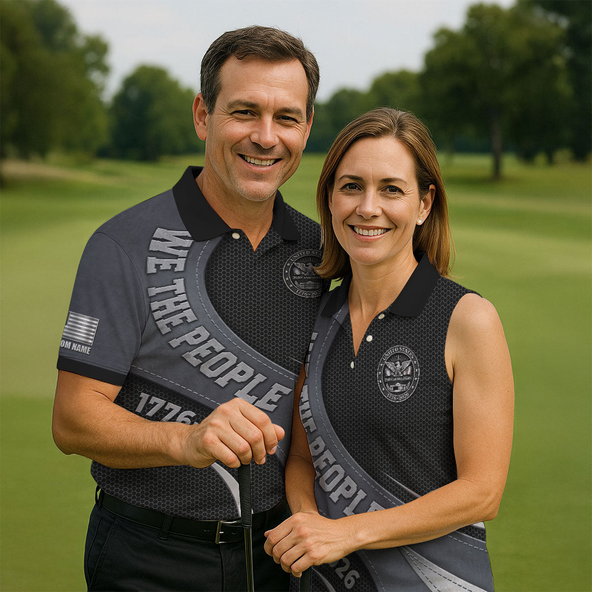 We The People US 250th Anniversary Hexagon Pattern Custom Golf Shirts, 4th Of July Patriotic Golf Shirt For Women