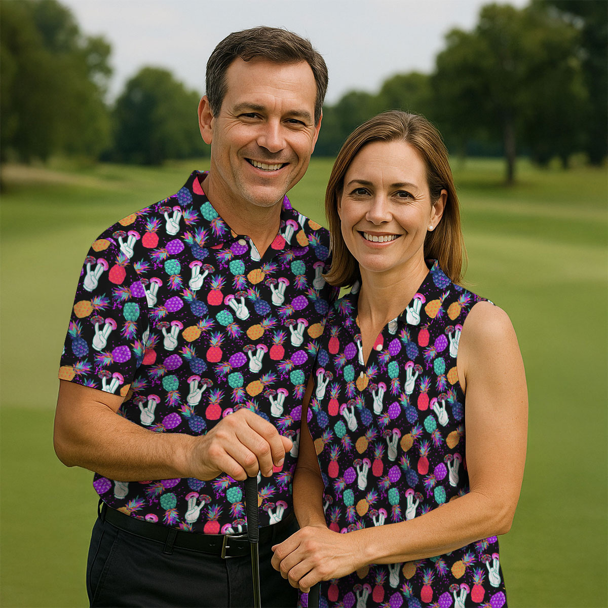 Hawaiian Pineapples Donut Finger Turquoise Orange Purple Fun Women's Golf Shirts, Women's Golf Tops