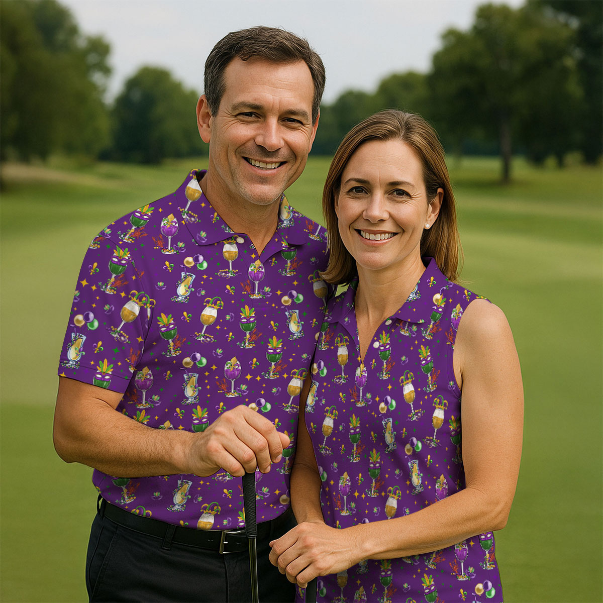 Mardi Gras Wine Glass Beaded Garland Fleur De Lis Purple Golf Shirt, Polo ShirtFor Men, Golf Shirts For Men