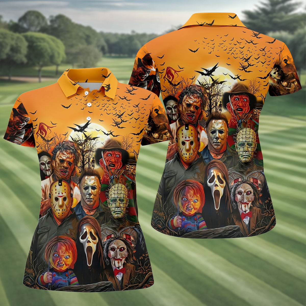 Halloween Horror Character Sunset Hawaiian Golf Shirt, Women's Golf Tops, Printed Golf Shirt