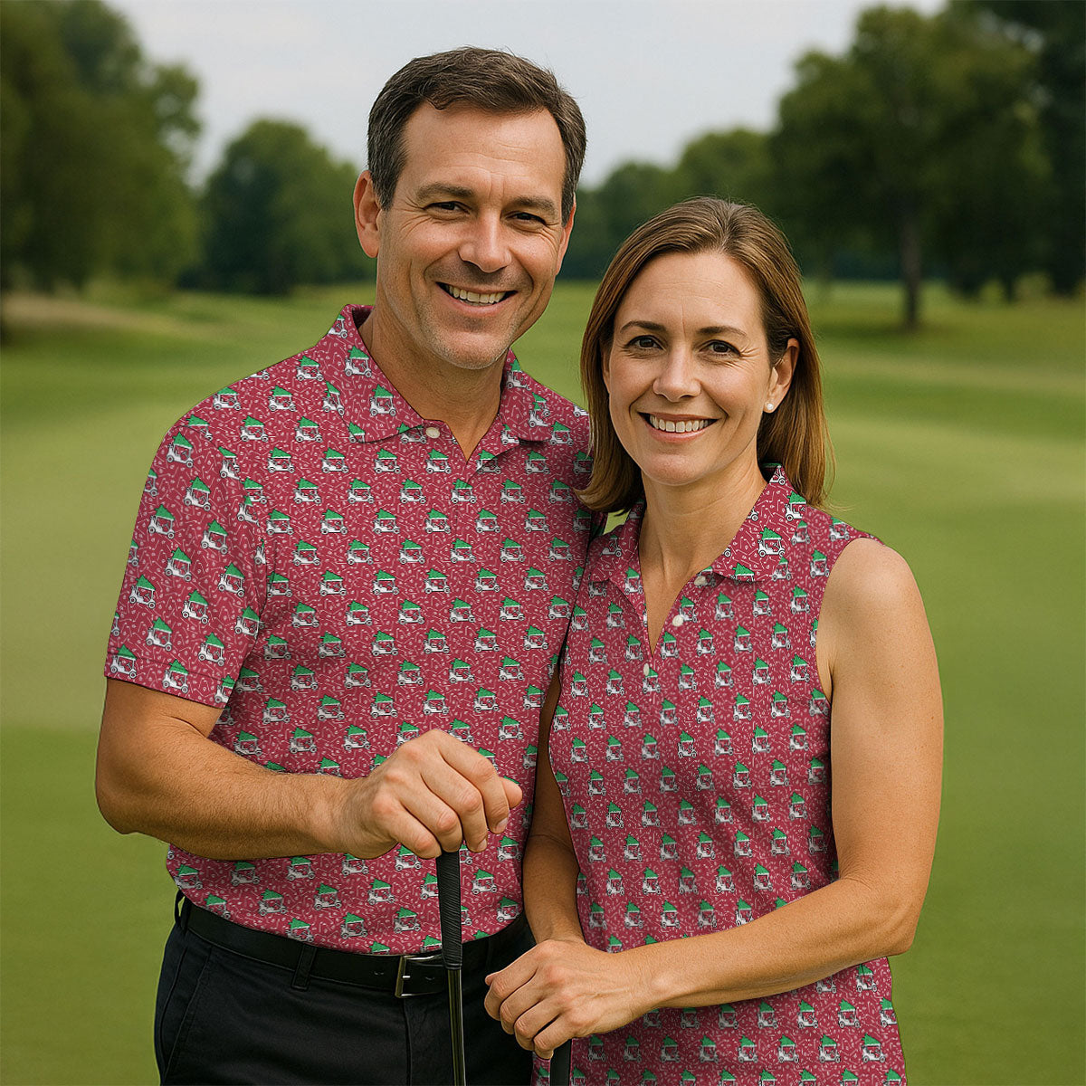 Christmas Golf Cart Pattern Red Women's Golf Tops, Christmas Golf Shirt, Polo ShirtFor Women