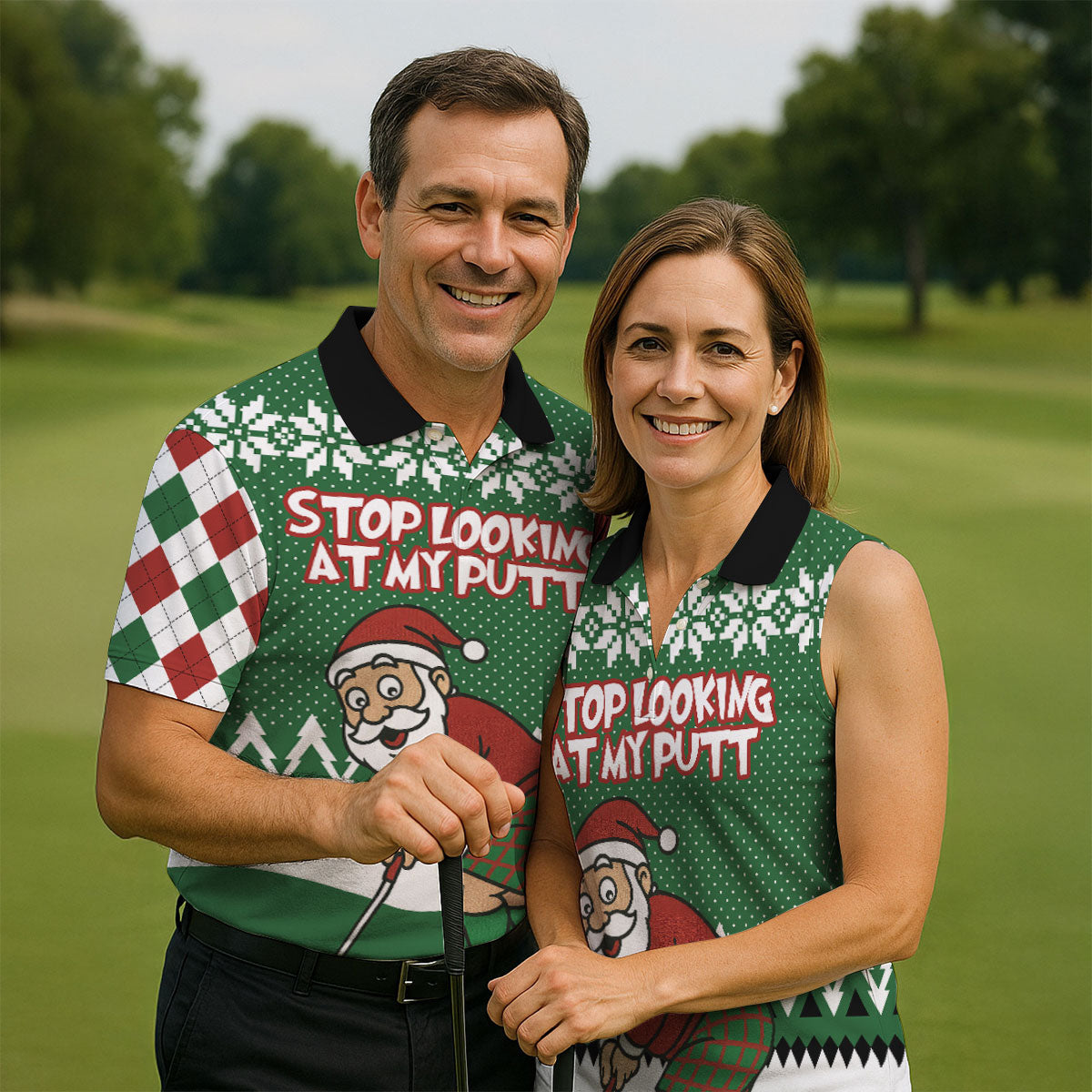Stop Looking At My Putt Funny Santa Claus Argyle Golf Shirt, Christmas Golf Shirt, Polo ShirtFor Men