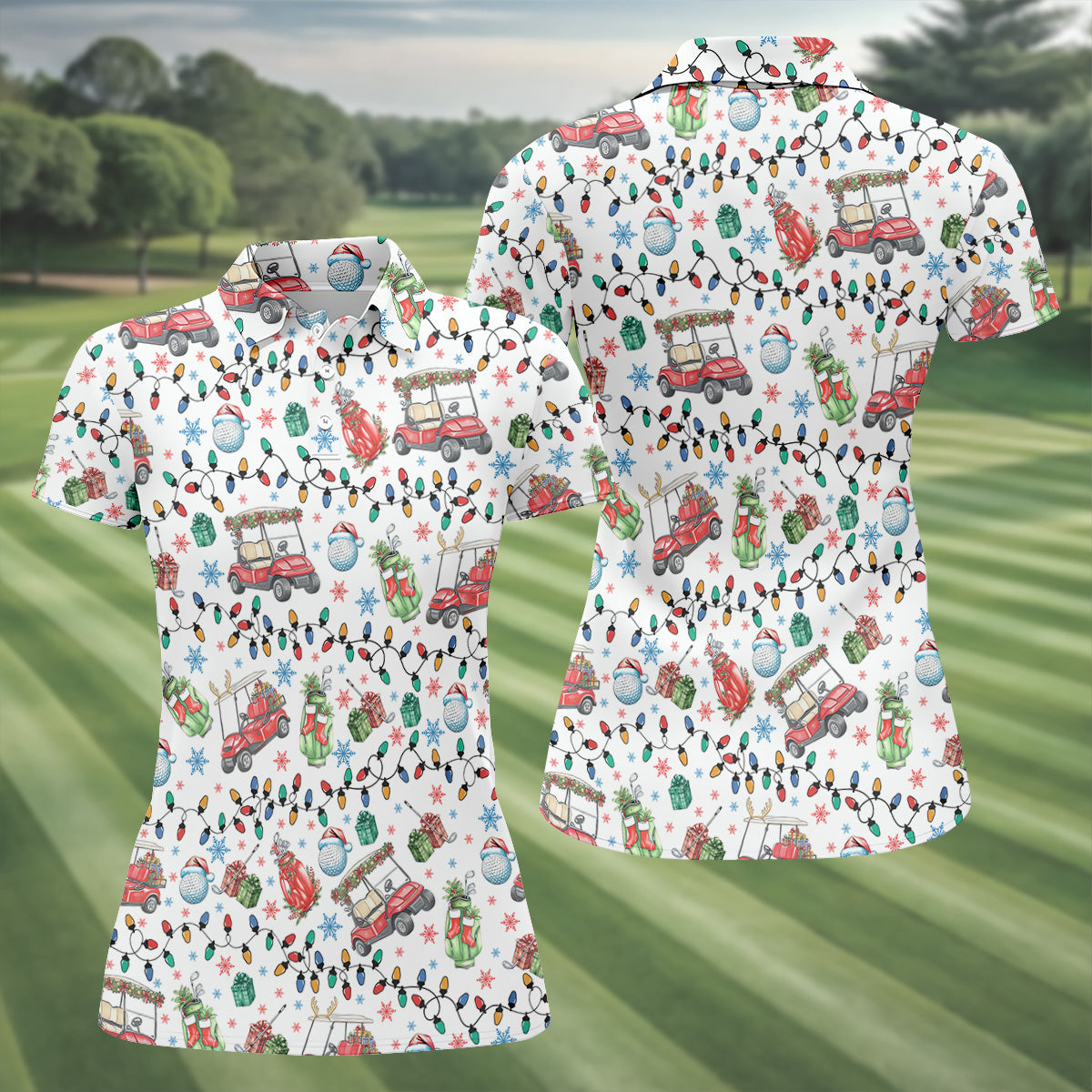Golf Cart Christmas Lights Women's Golf Tops, Christmas Golf Shirt, Ladies Golf Polos, Golf Lover Xmas Gift